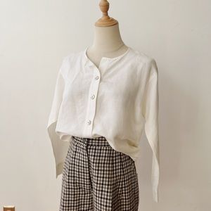 Liz Claiborne Linen Blend Button Down White Top Womens XS